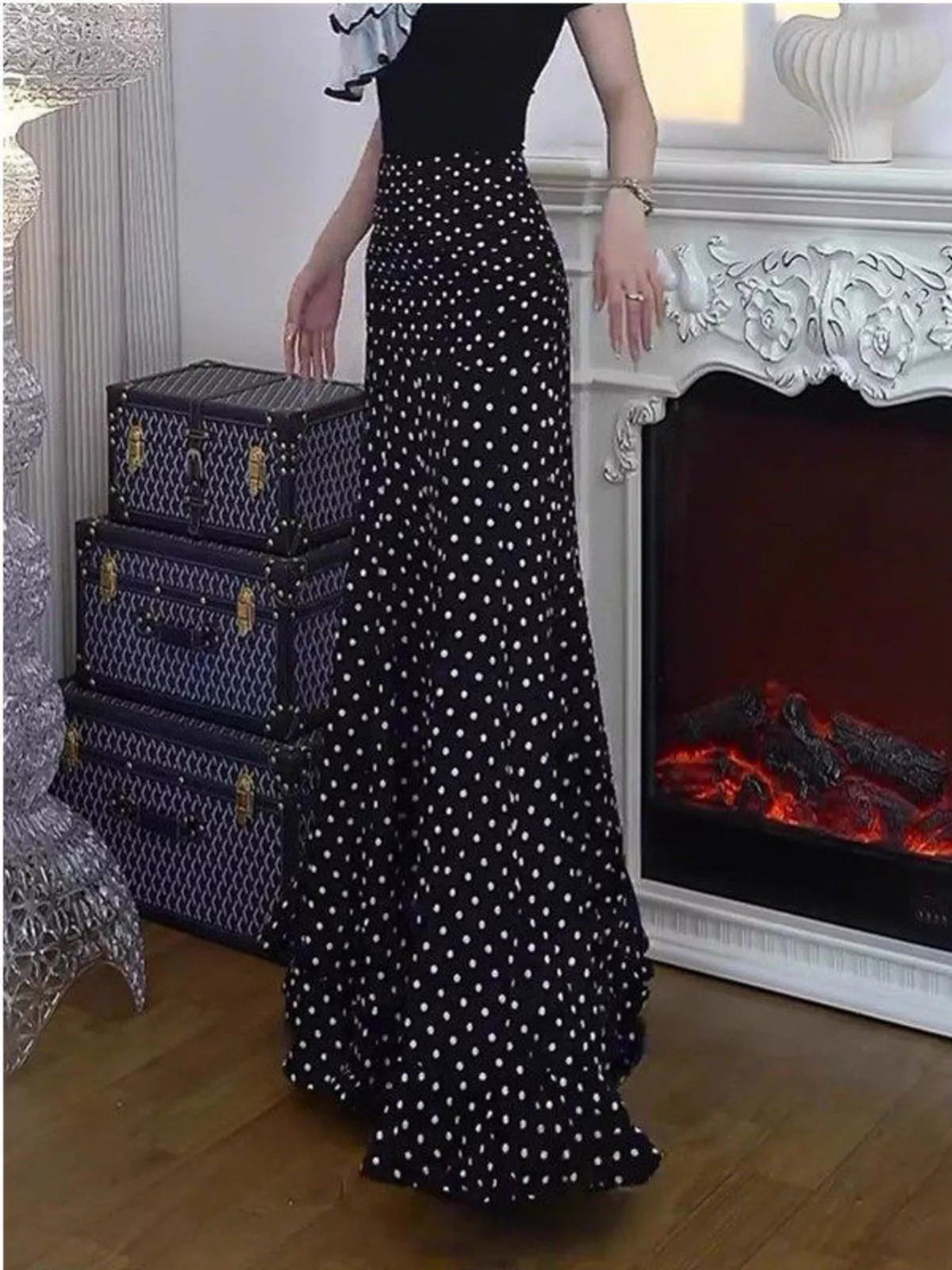 Polka Dot Mermaid Maxi Skirt - Black - View 12