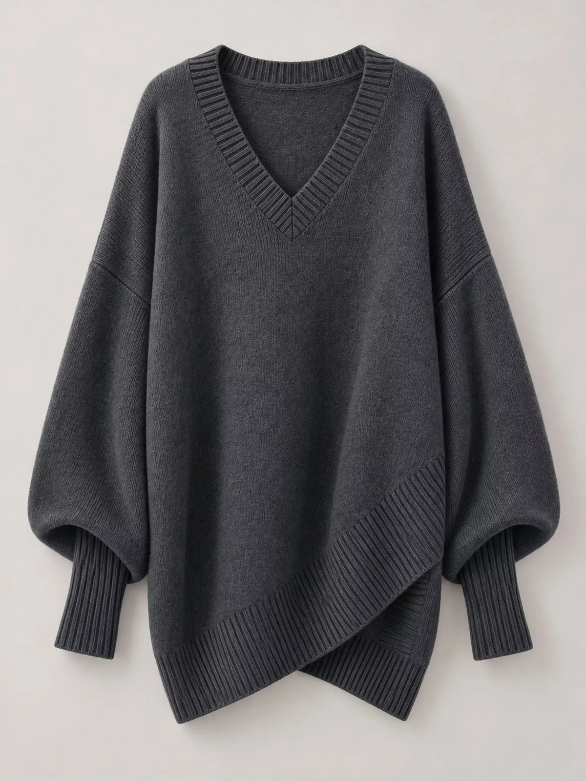 Full Size V-Neck Oversized Batwing Sleeve Sweater Plus Size - Dark Gray - View 28
