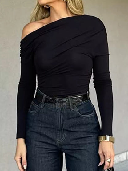 One Shoulder Long Sleeve Slim Fit T-Shirt - Black - View 3