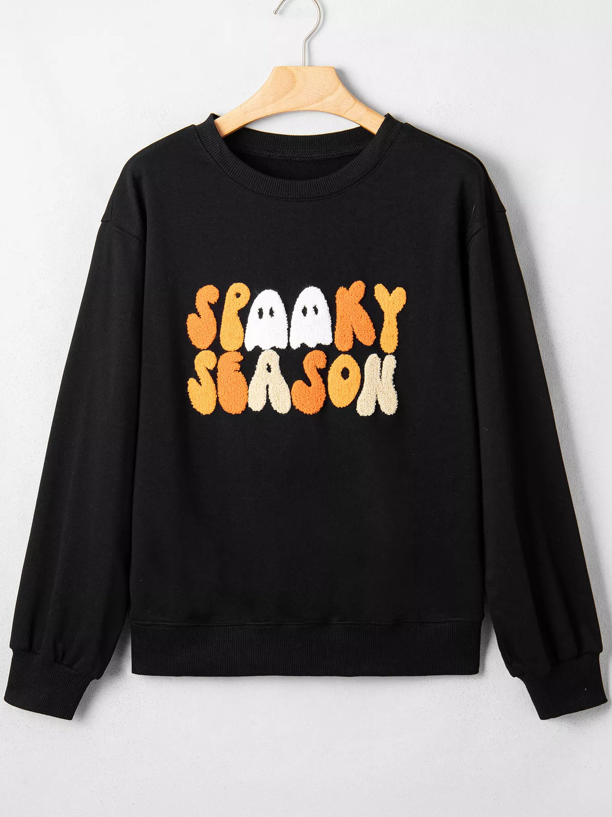 Embroidered Spooky Season Long Sleeve Round Neck Sweatshirt - Black - View 3