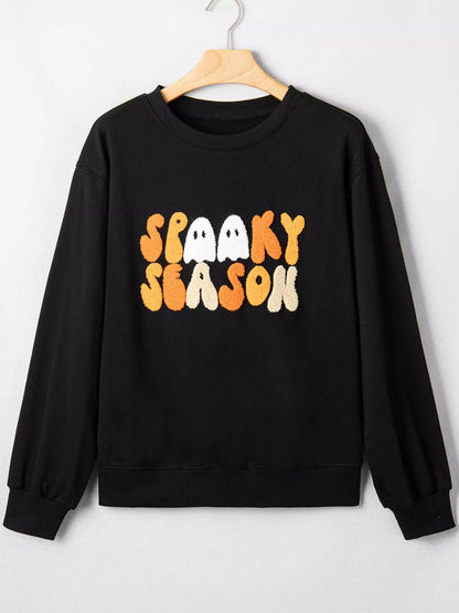 Embroidered Spooky Season Long Sleeve Round Neck Sweatshirt - Black - View 3