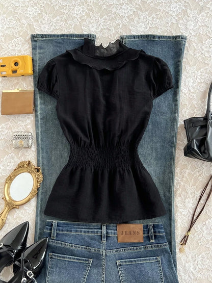 Ruffled V-Neck Blouse with Smocked Waist - Black - View 5