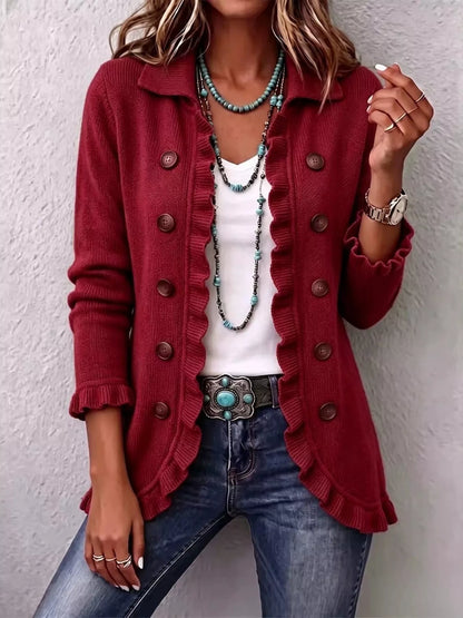 Full Size Ruffled Trim Decorative Button Cardigan Plus Size - Red - View 1