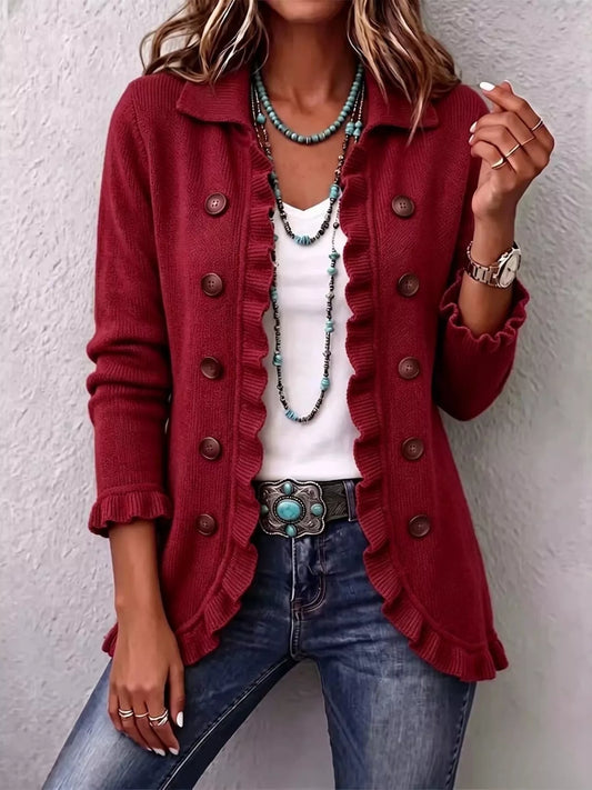 Full Size Ruffled Trim Decorative Button Cardigan Plus Size - Red - View 1