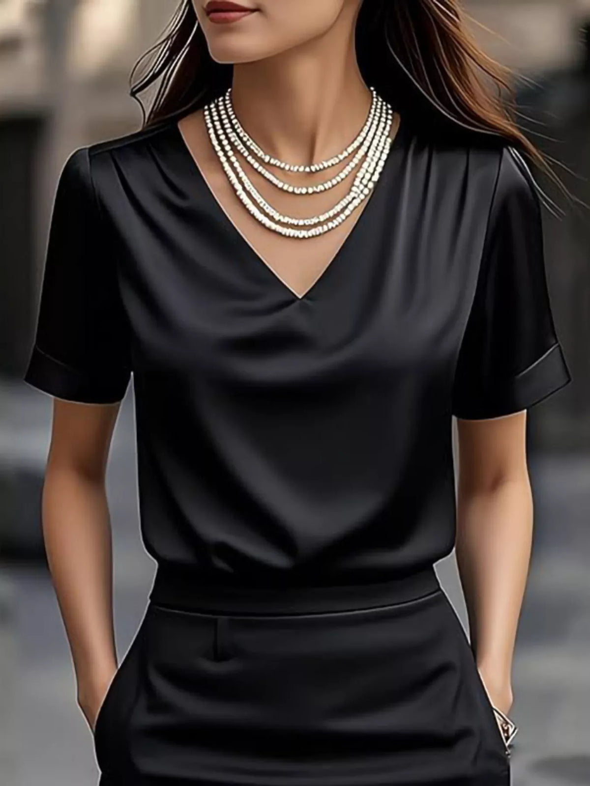 V-Neck Short Sleeve Satin Blouse - Black - View 7