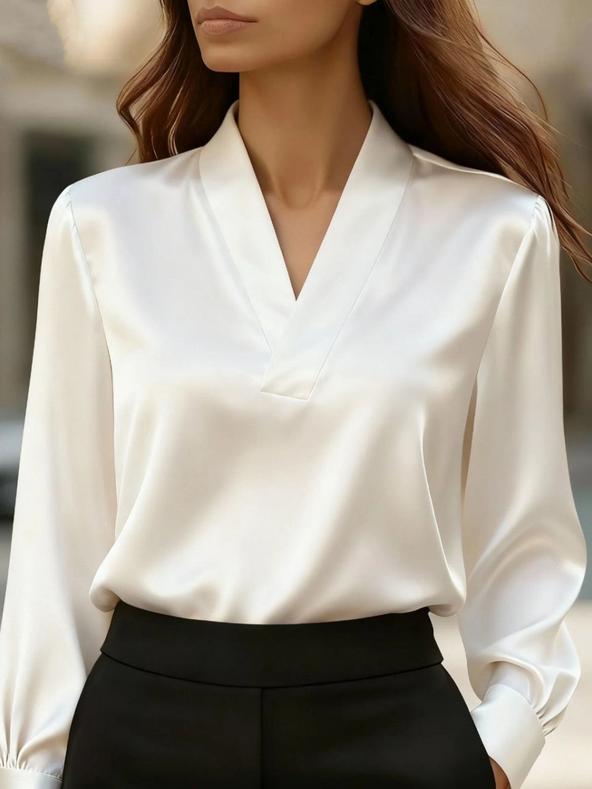 V-Neck Long Sleeve Satin Blouse - White - View 5