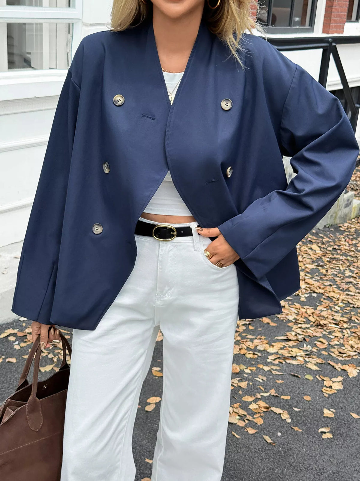 Double-Breasted Long Sleeve Jacket - Dark Blue - View 5