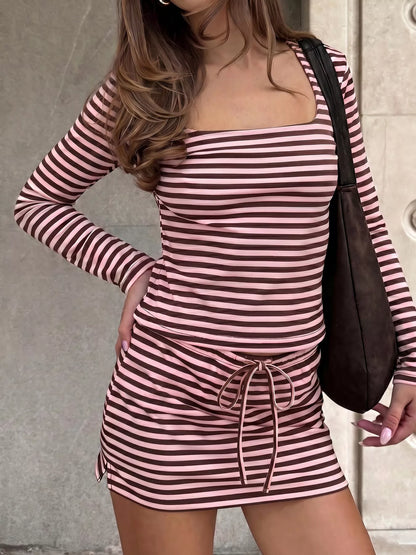 Striped Long Sleeve Square Neck Top and Mini Skirt Two-Piece Set - Pink - View 3
