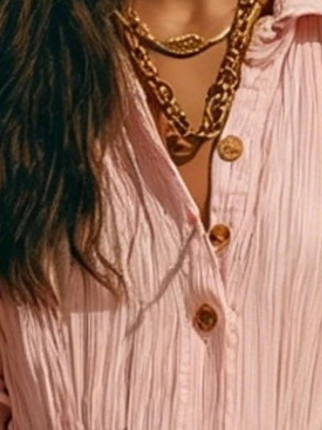 Full Size Textured Button Down Long Sleeve Maxi Dress Plus Size - Pink - Front Detail View