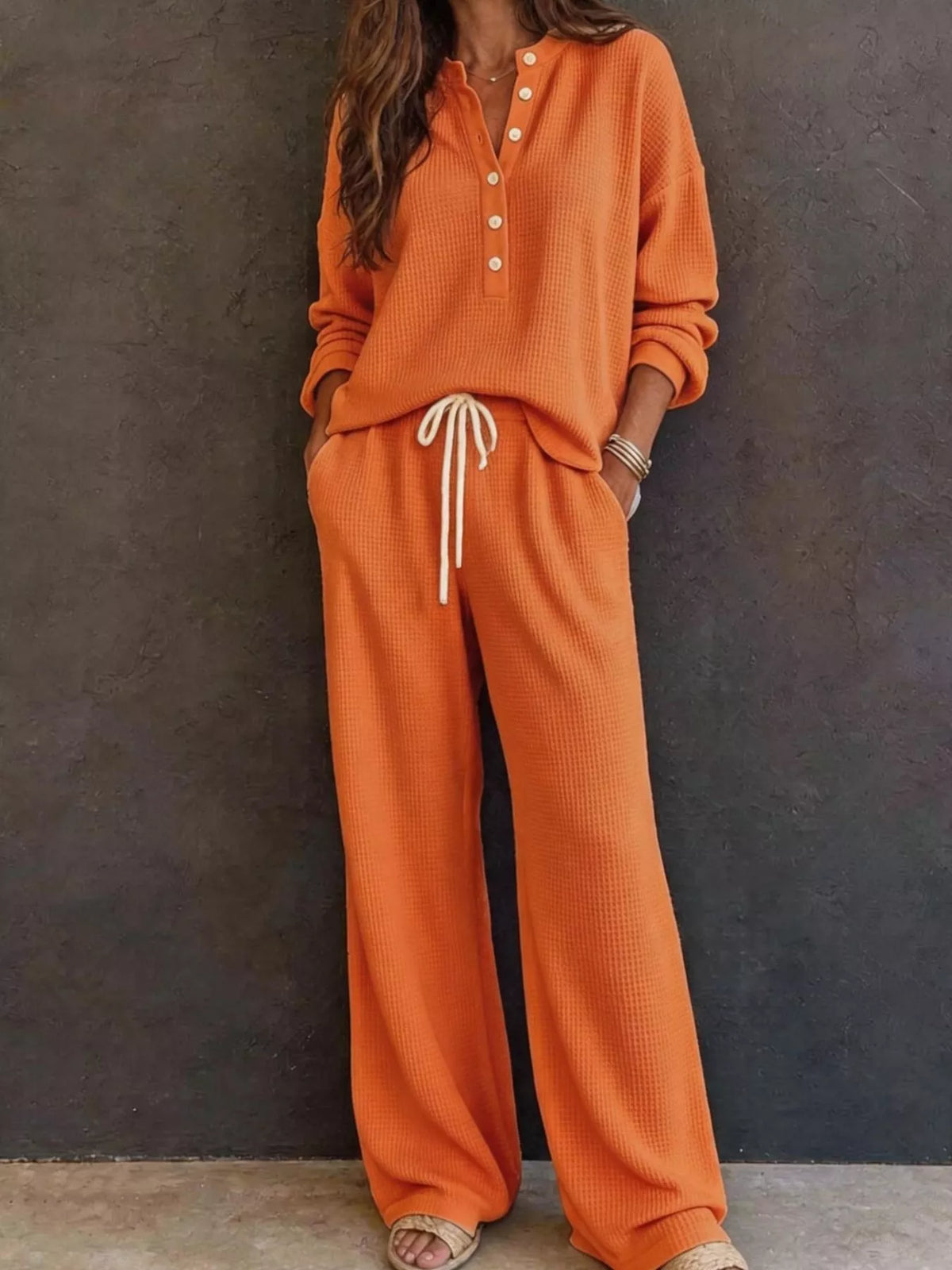 Waffle Knit Henley Top and Wide Leg Pants Set - Orange - View 16