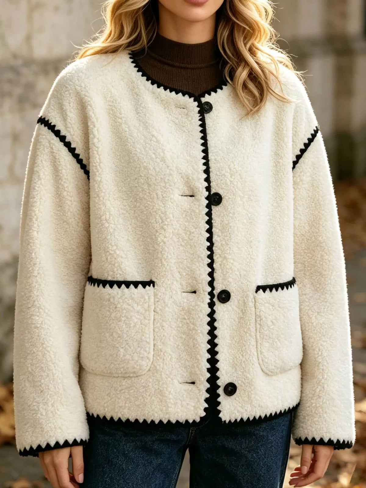 Faux Shearling Contrast Trim Button-Down Outerwear - White - View 2