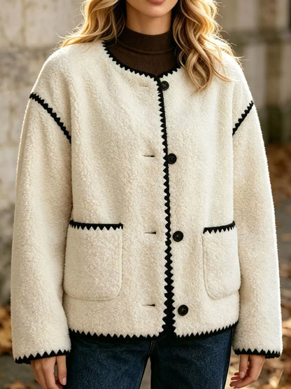 Faux Shearling Contrast Trim Button-Down Outerwear - White - View 2