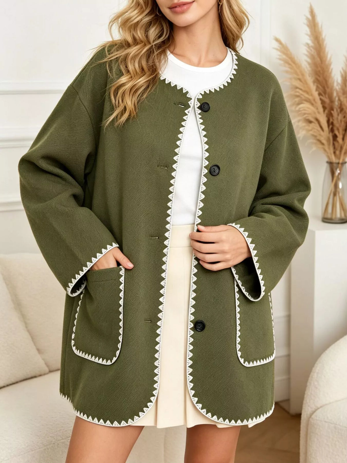 Contrast Trim Button-Front Outerwear - Army Green - View 1