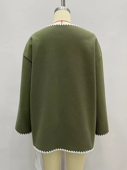 Contrast Trim Button-Front Outerwear - Army Green - View 8
