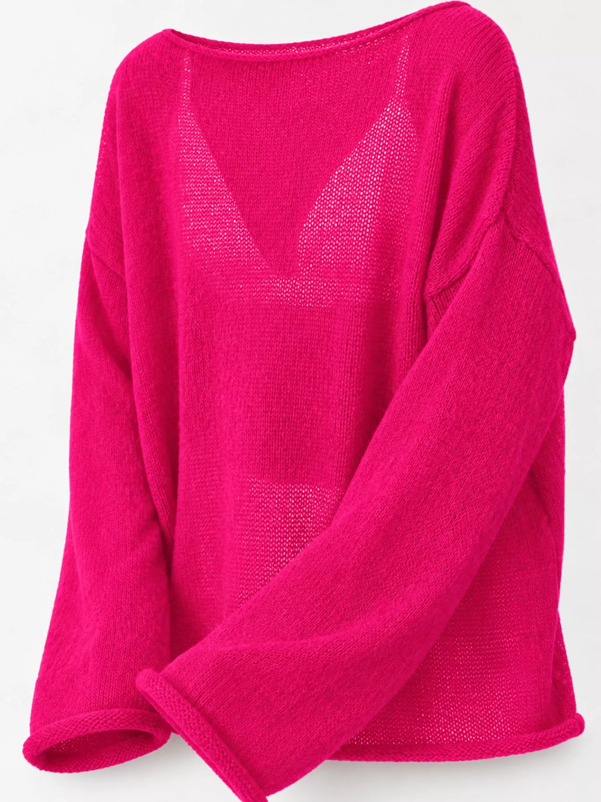 Lightweight Dropped Shoulder Knit Cover Up - Hot Pink - View 24