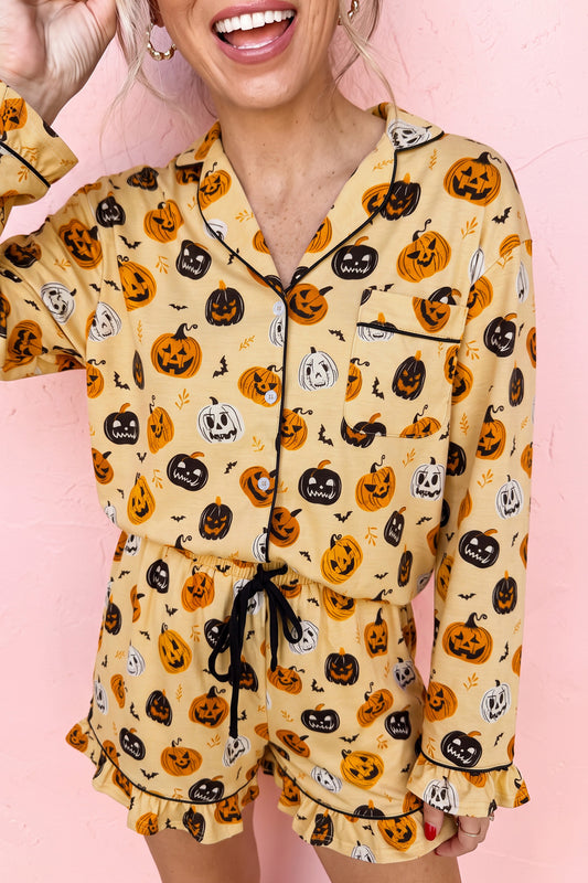 Orange Long Sleeve Ruffle Pumpkin Face Print Two Piece Lounge Set - product photo 2