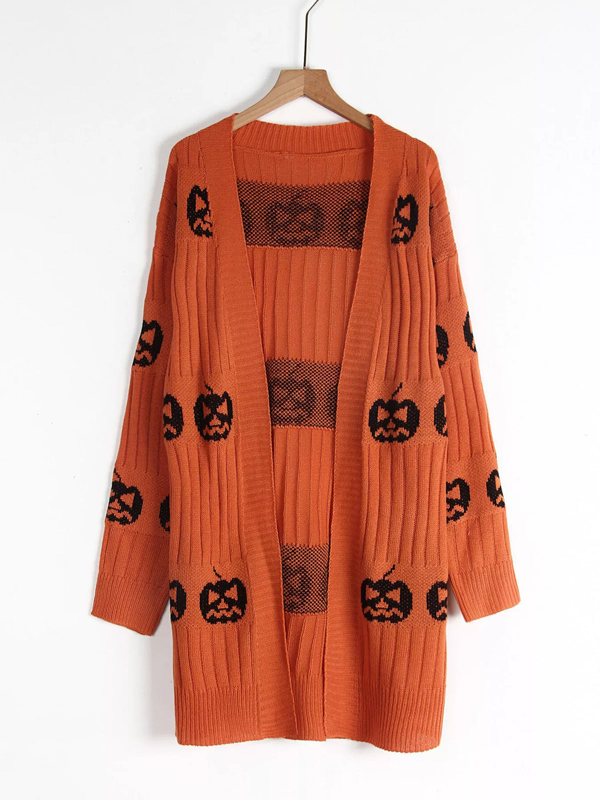 Halloween Pumpkin Open Front Knit Cardigan - Orange - View 4