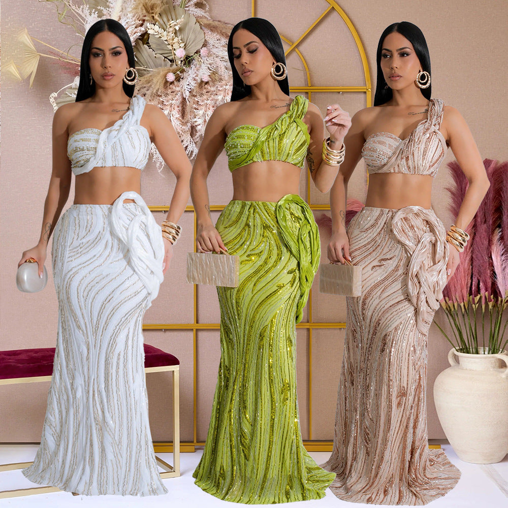 Sleeveless One-Shoulder Short Top with Sexy Fitted Skirt Set