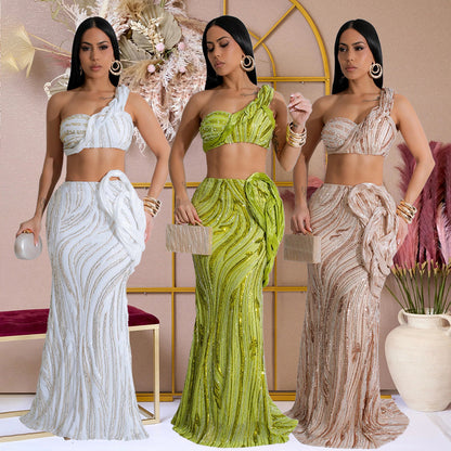 Sleeveless One-Shoulder Short Top with Sexy Fitted Skirt Set