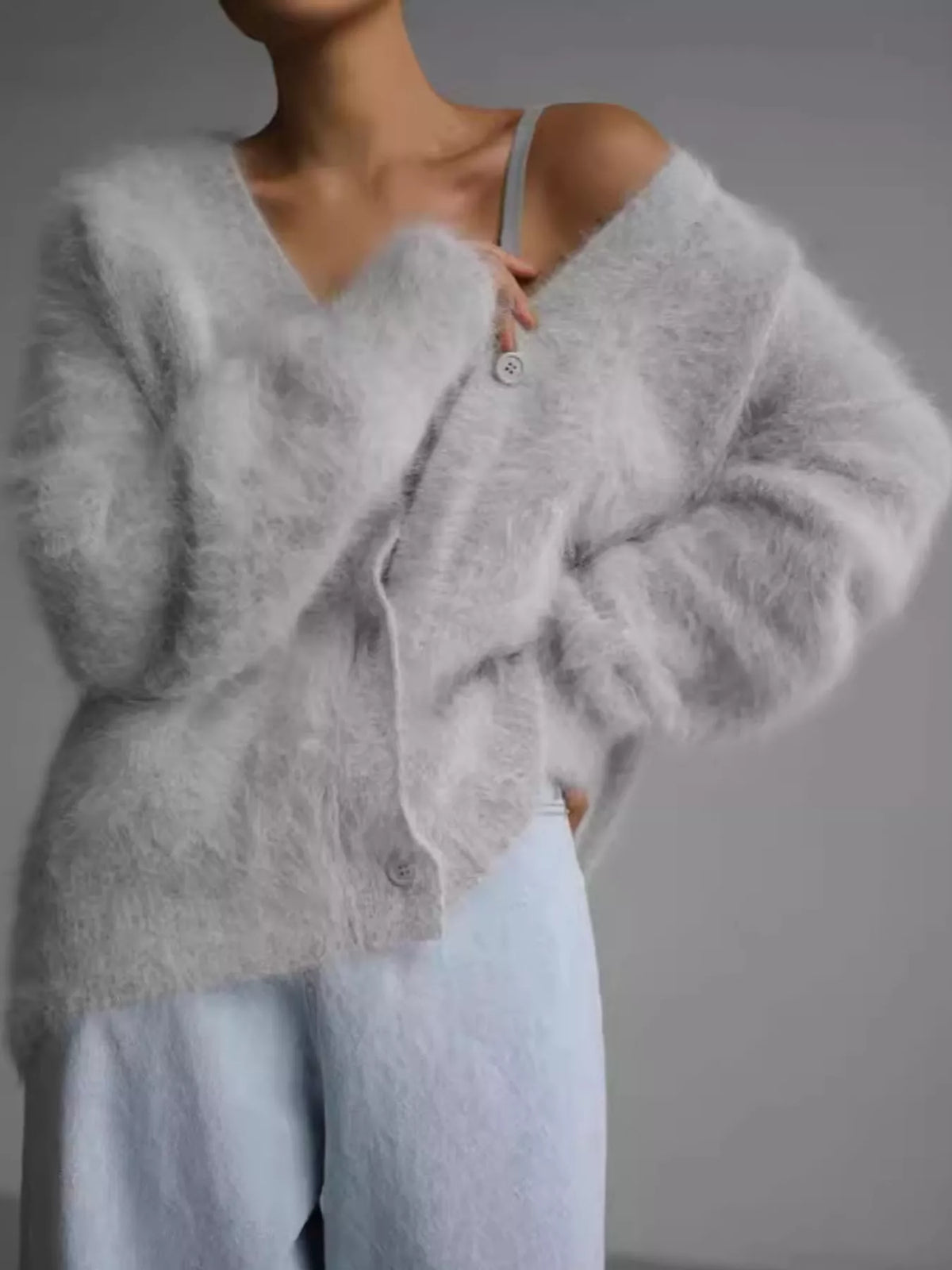 Fuzzy V-Neck Button-Down Cardigan - Light Gray - View 3