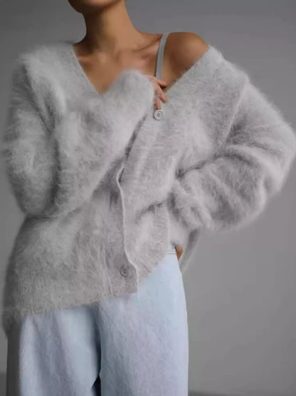 Fuzzy V-Neck Button-Down Cardigan - Light Gray - View 3