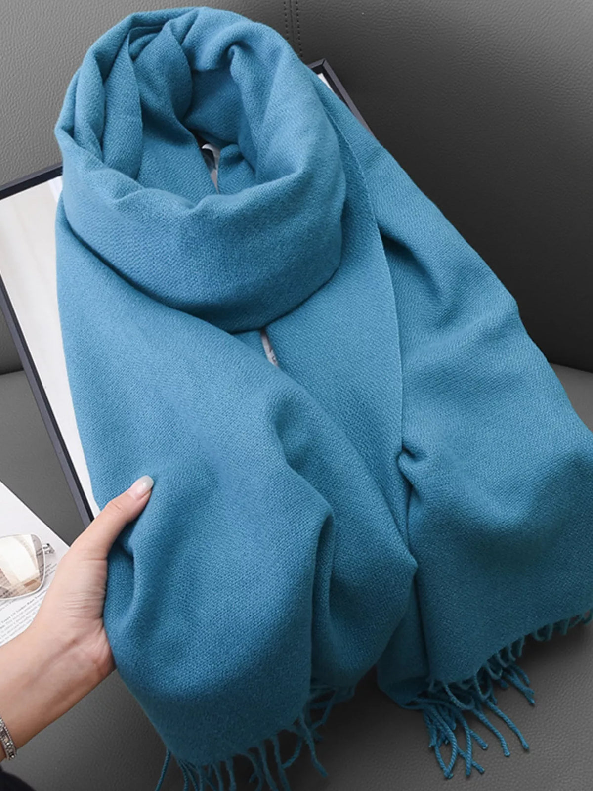 Solid Color Fringe Scarf - Dusty Blue - View 11