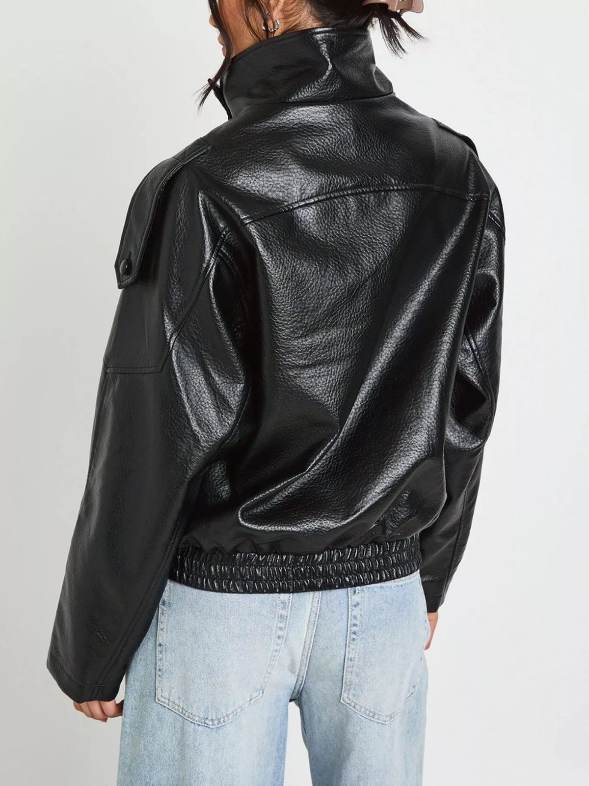 Faux Leather Moto Jacket with Asymmetrical Zip - Black - View 2