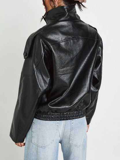 Faux Leather Moto Jacket with Asymmetrical Zip - Black - View 2