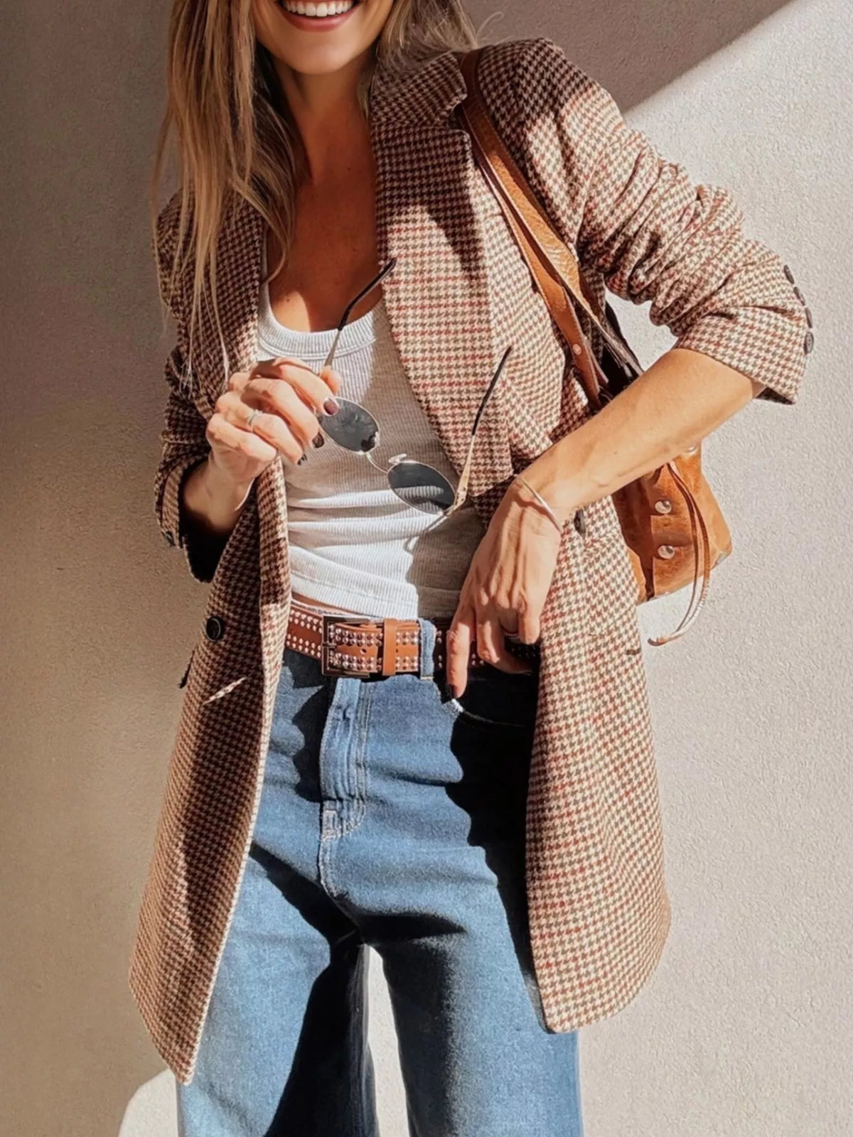 Houndstooth Lapel Collar Blazer - Camel - View 1