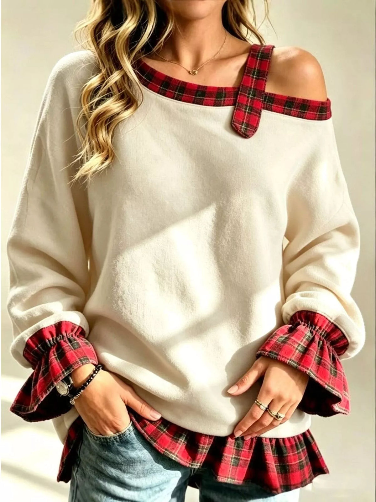 Full Size Cold-Shoulder Plaid Patchwork Long Sleeve Top Plus Size - Beige - View 1