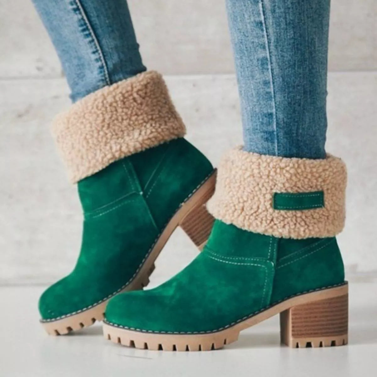 Round Toe Block Heels Boots - Dark Green - View 4