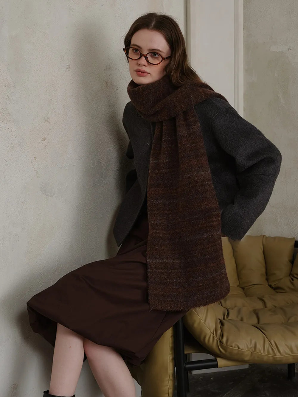 Striped Detail Knit Scarf - Chocolate - View 4