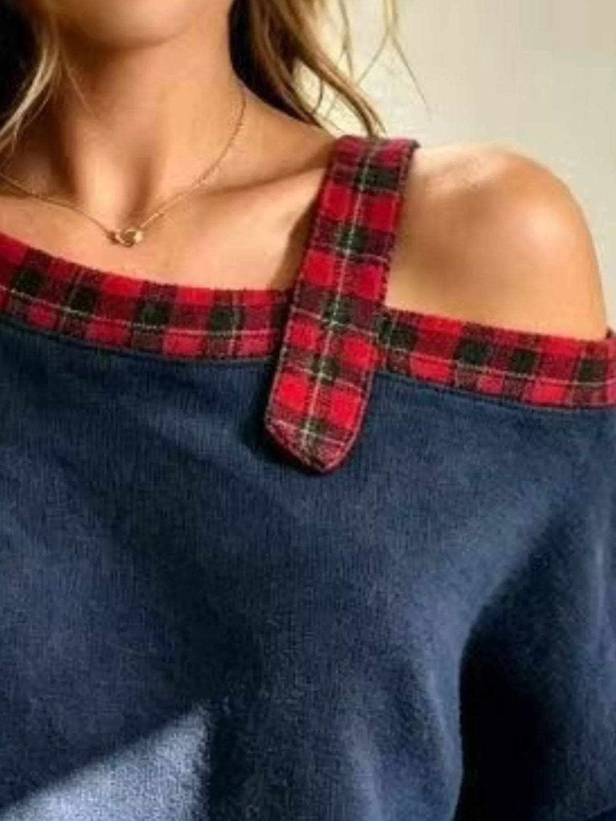 Full Size Cold-Shoulder Plaid Patchwork Long Sleeve Top Plus Size - Dark Blue - View 2