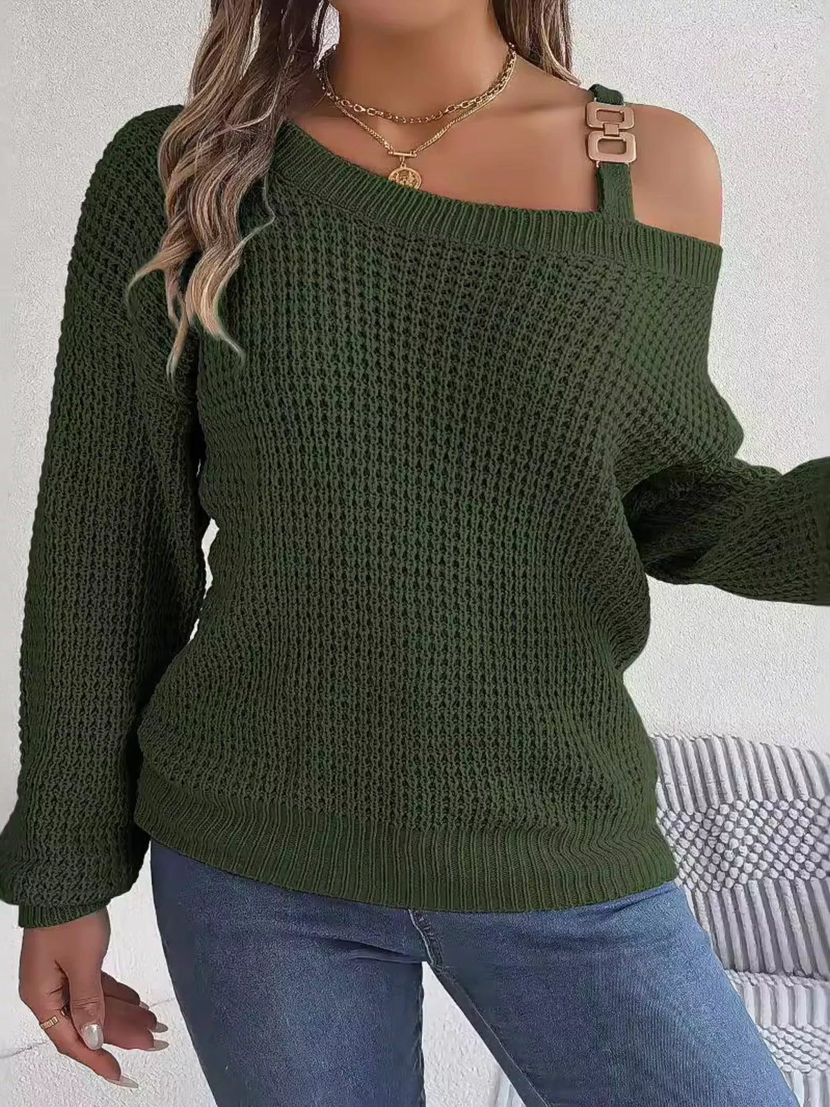 Asymmetrical Neck Long Sleeve Sweater - Black Forest - View 3