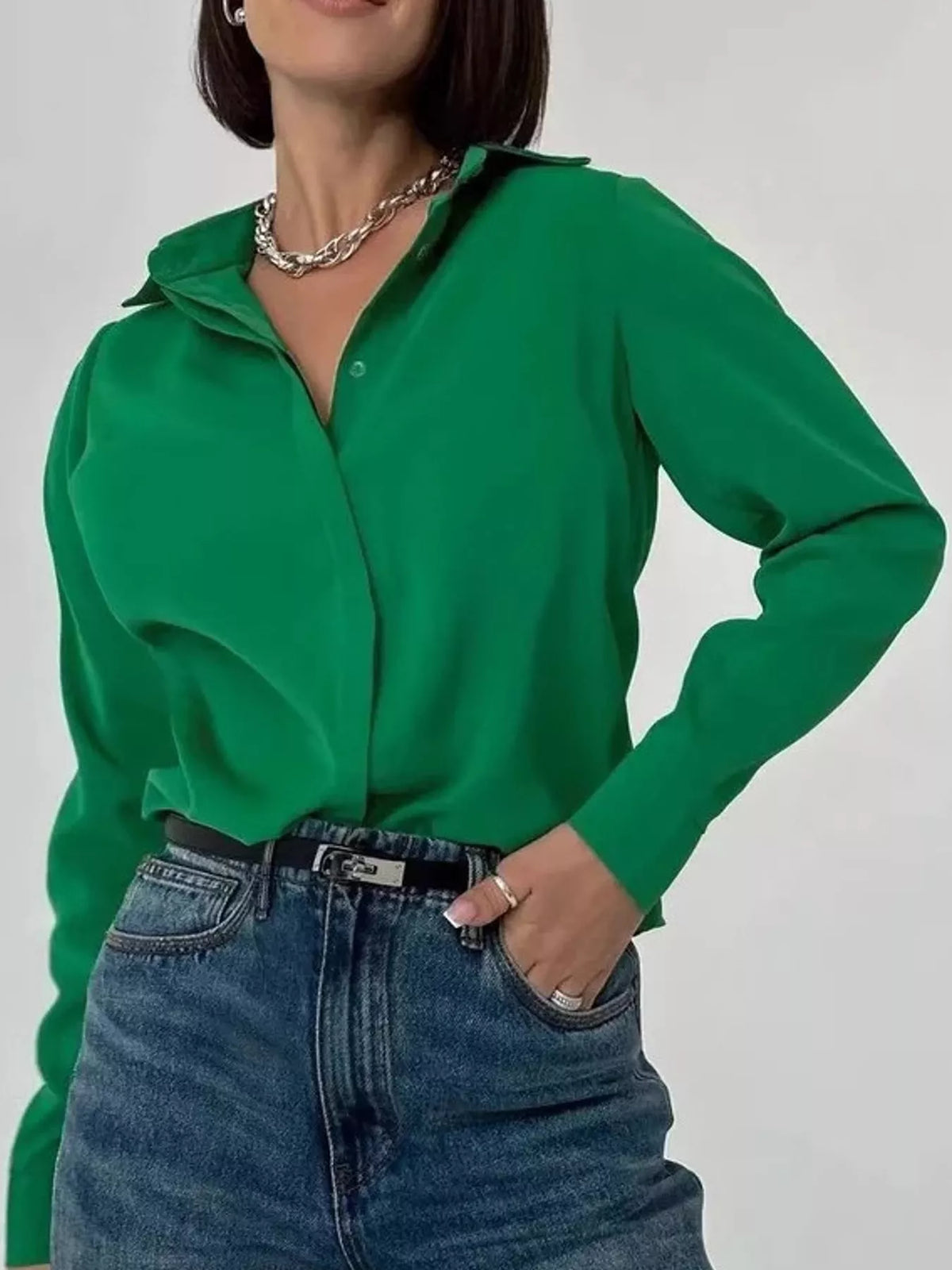 Button Up Long-Sleeve Shirt - Green - View 99