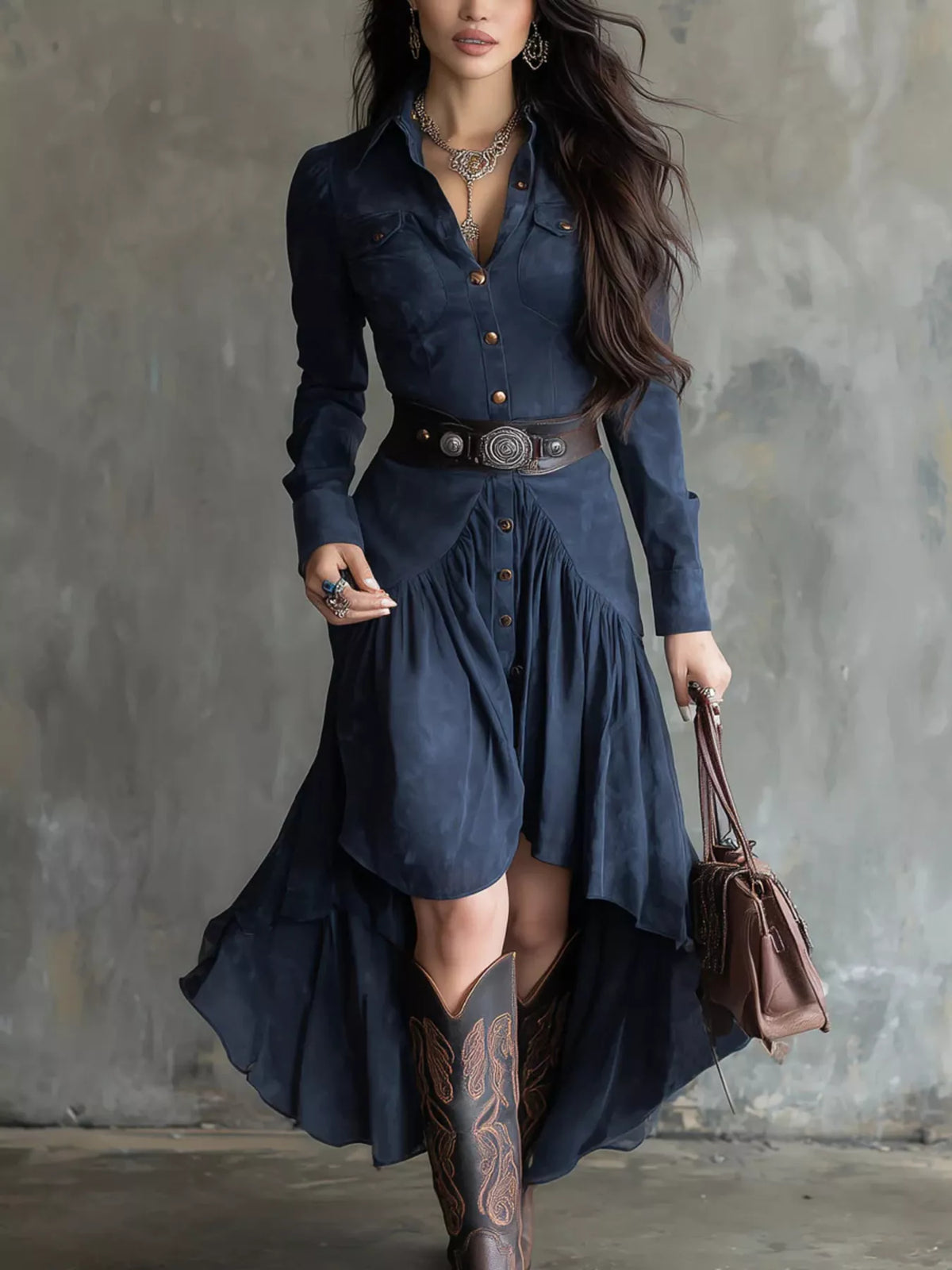 Button-Down High-Low Shirt Dress - Navy - View 1