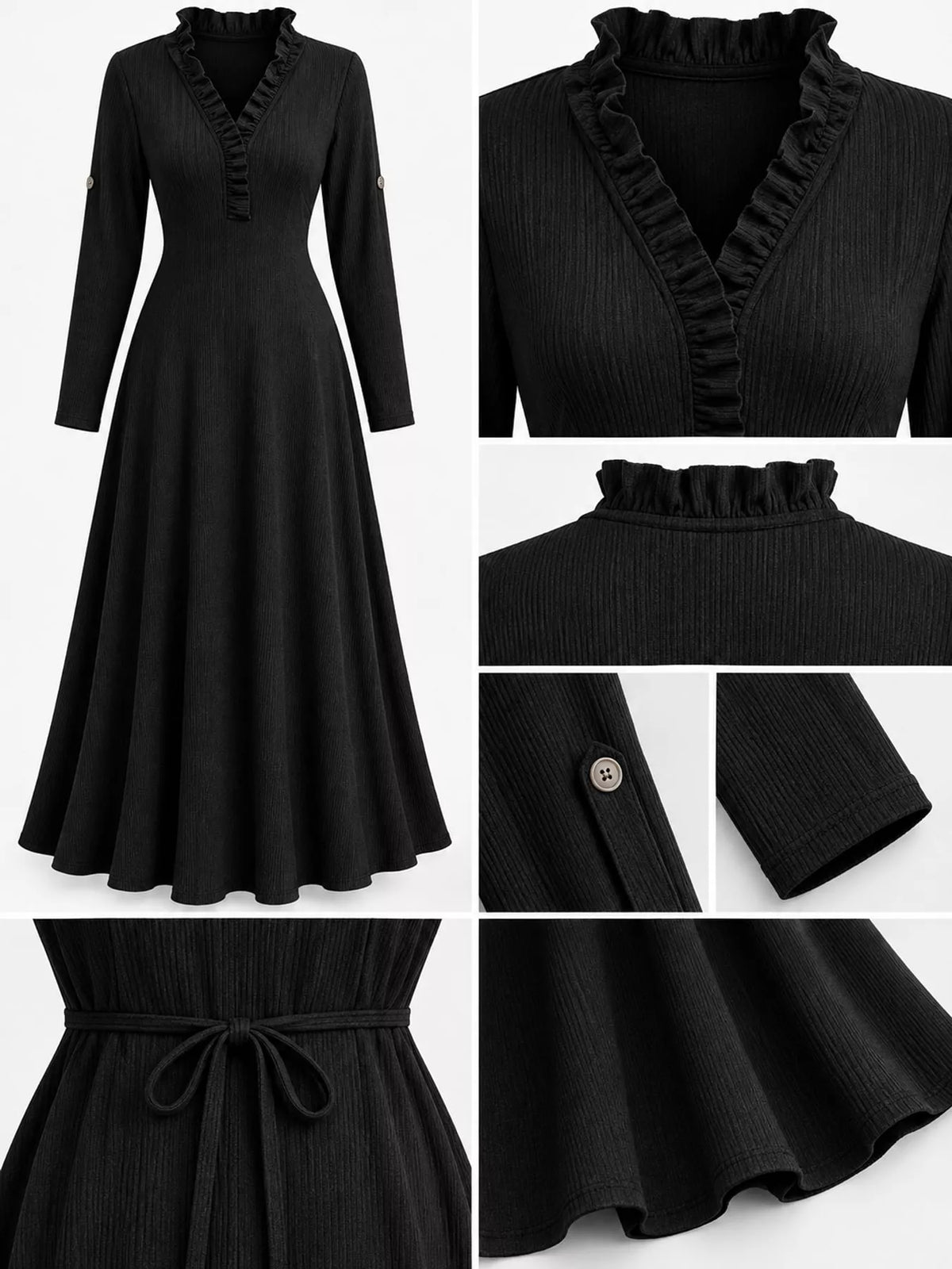 Full Size Frill Roll-Up Sleeve Maxi Dress Plus Size - Black - View 12