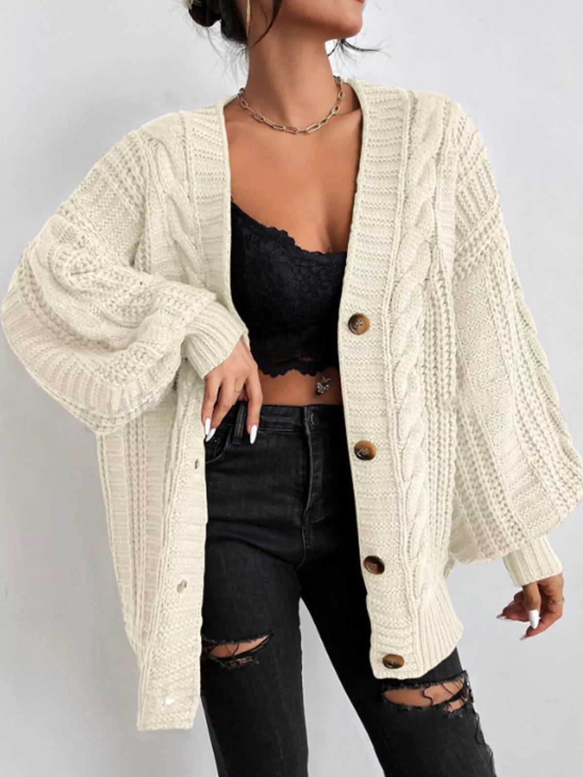 Cable Knit Button-Down Cardigan - Off-White - View 12