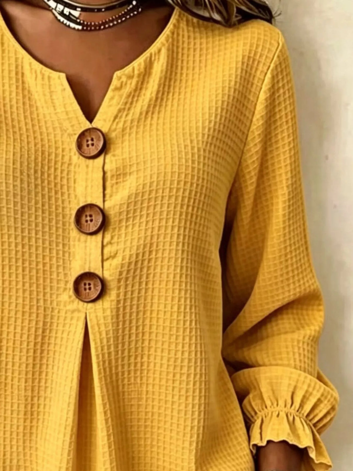 Waffle Knit Long Sleeve Top - Mustard - View 20