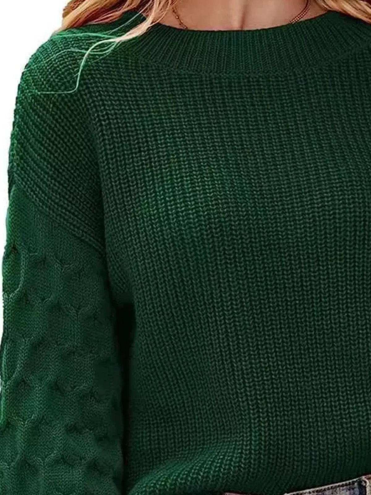 Textured Sleeve Round Neck Sweater - Green - View 2
