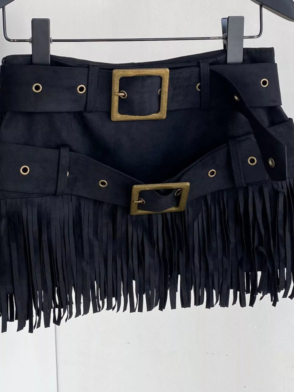 Fringe Belted Mini Skirt - Black - View 13