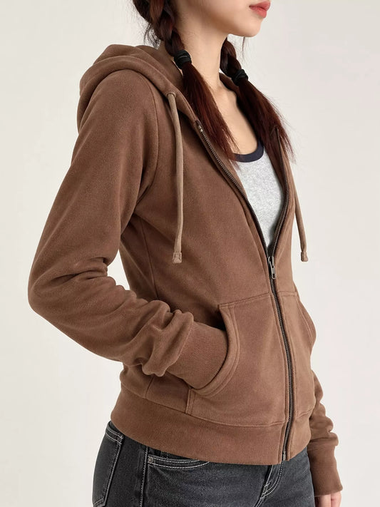 Drawstring Zip-Up Slim Fit Hoodie - Coffee - View 2