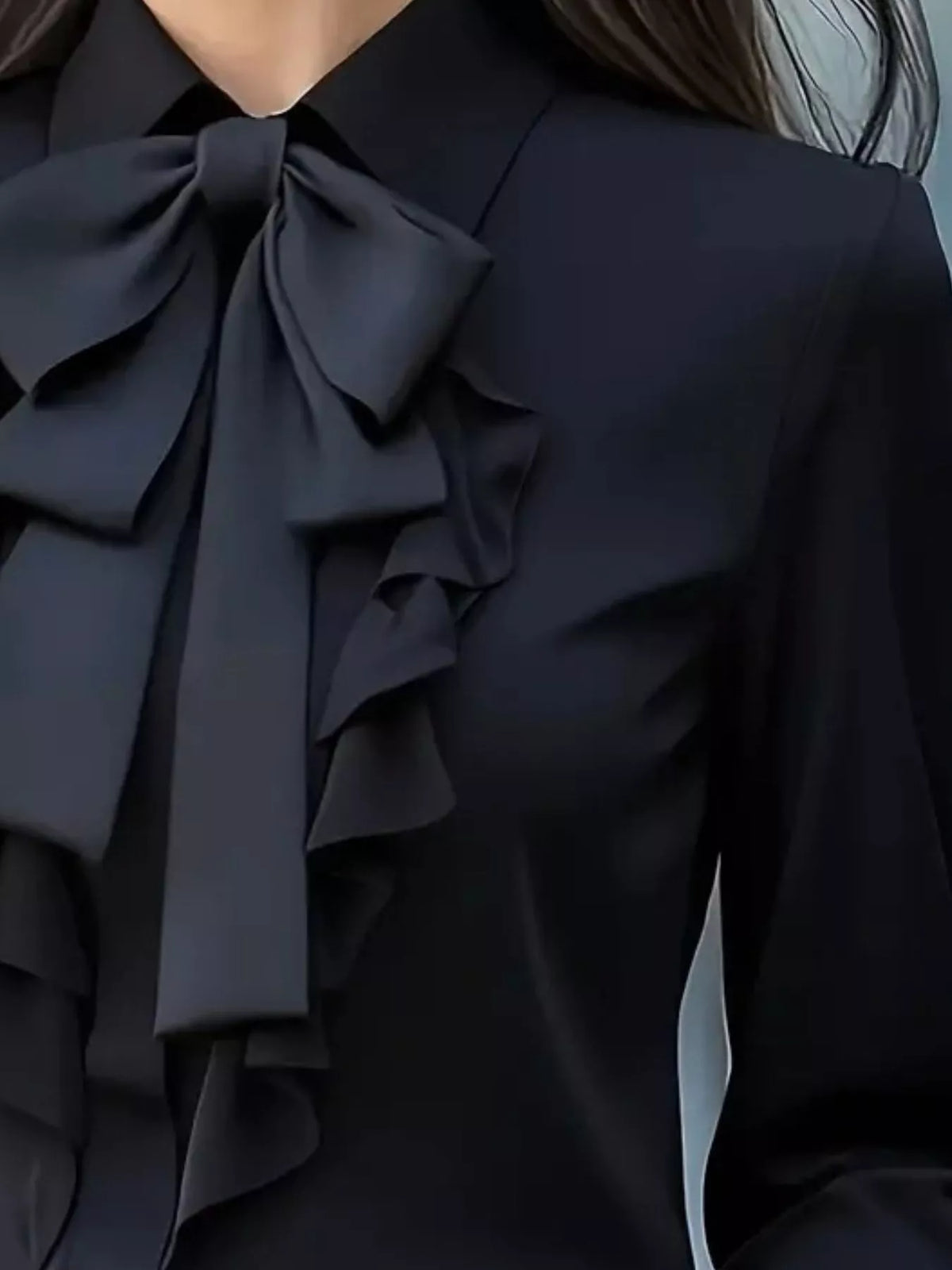 Ruffled Tie Front Long Sleeve Blouse - Black - View 3