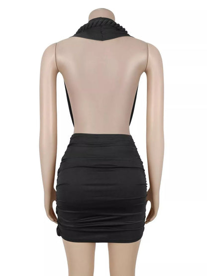 Ruched Halter Neck Bodycon Mini Dress - Black - View 5