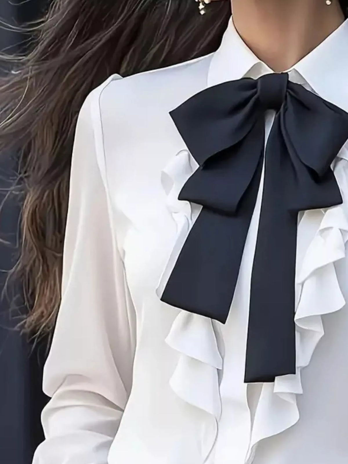 Ruffled Tie Front Long Sleeve Blouse - White - View 9