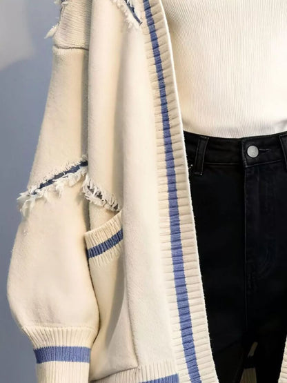 Frayed Hem Open Front Cardigan - Off-white - View 2