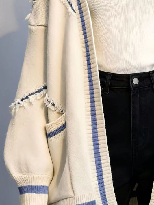 Frayed Hem Open Front Cardigan - Off-white - View 2