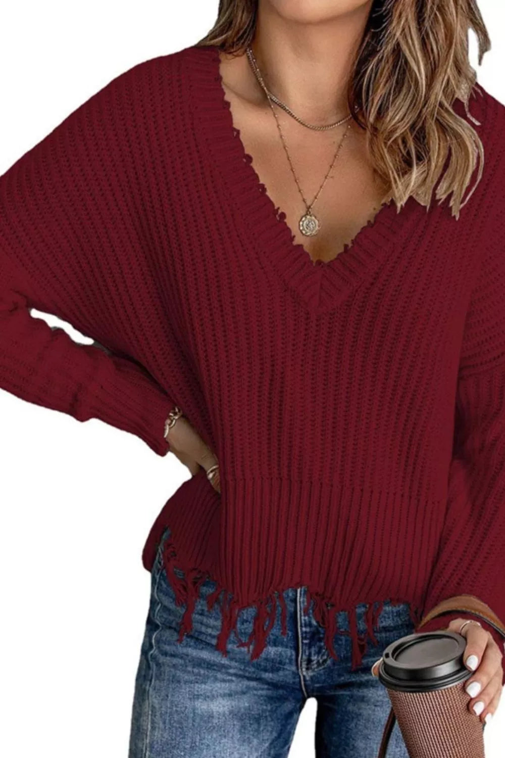 Full Size Raw Hem V-Neck Sweater Plus Size - Burgundy - View 1