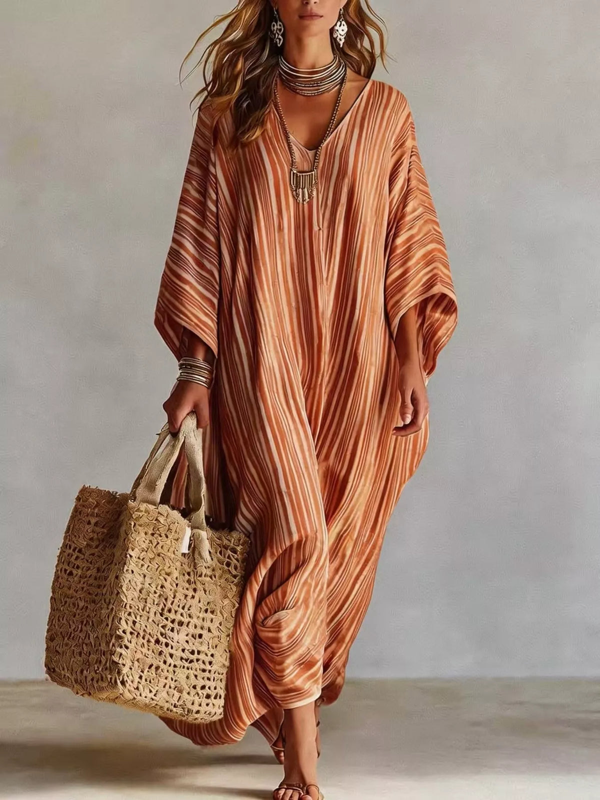 Striped V-Neck Maxi Dress - Sherbet - View 1