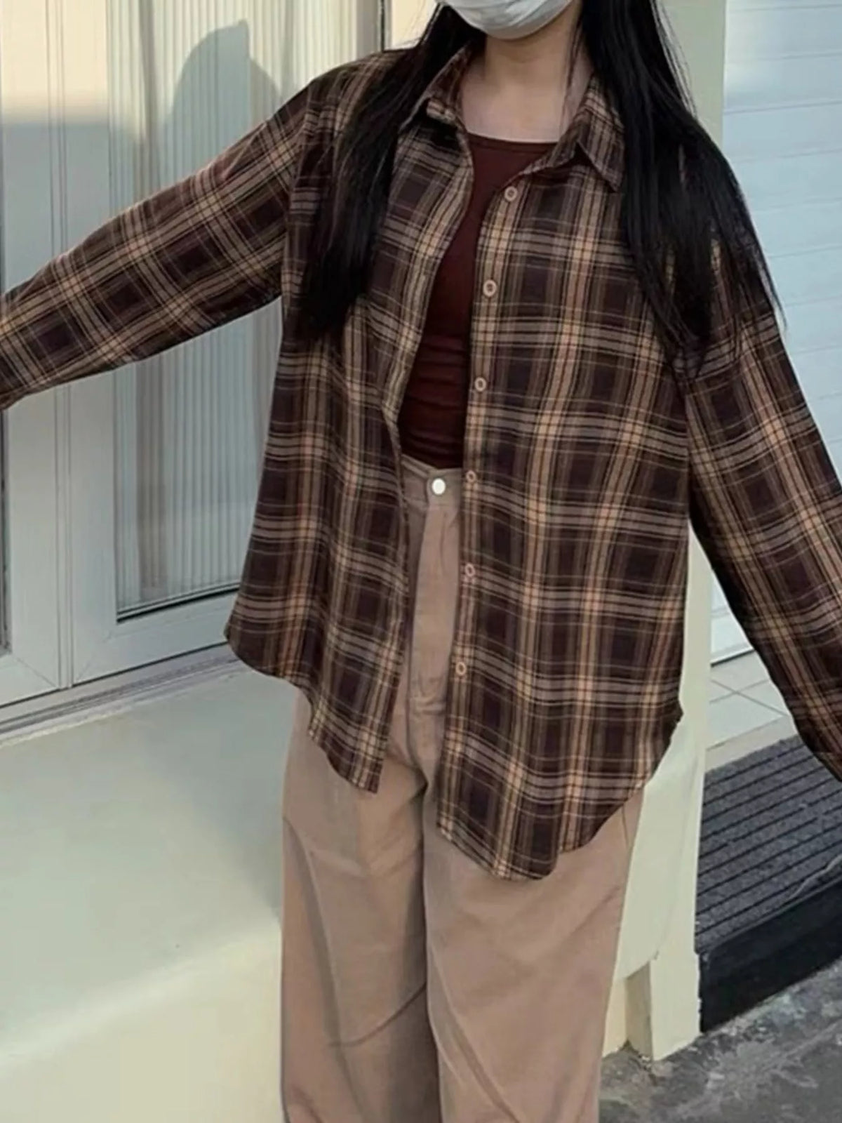 Casual Loose Fit Plaid Shirt - Brown-Plaid - View 8